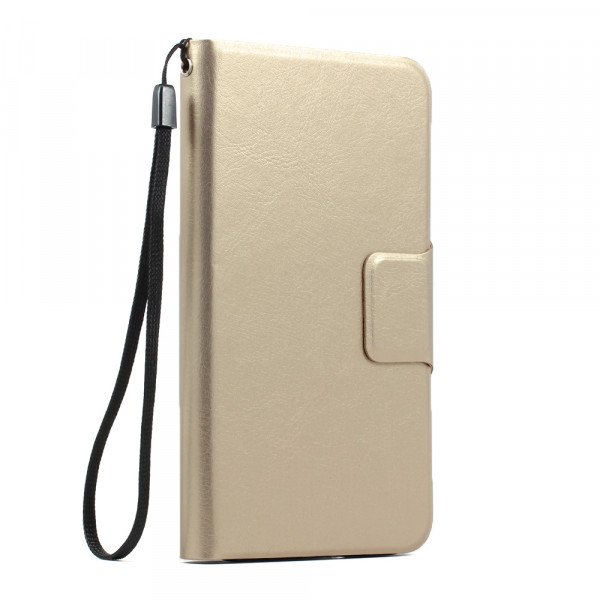 Wholesale Samsung Galaxy S5 SM-G900 Slim Flip Leather Wallet TPU Case with Strap and Stand (Gold)